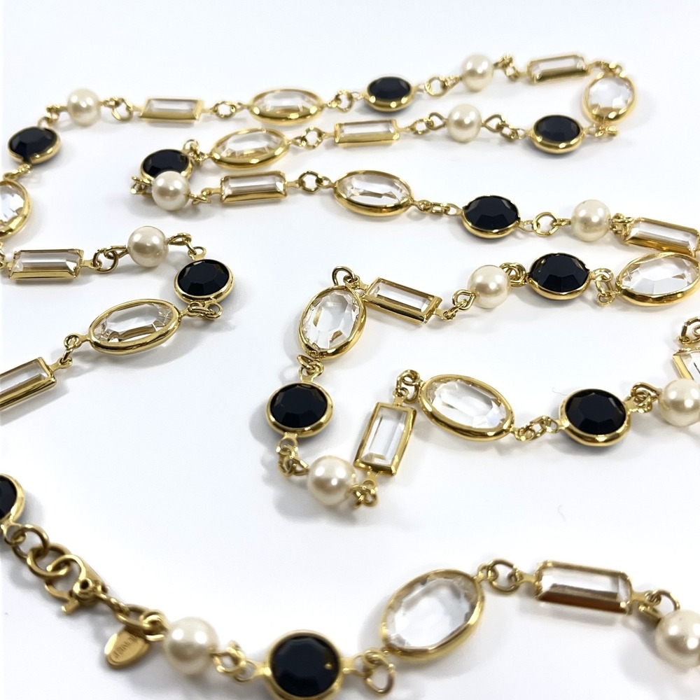Vintage Monet Open Bezel Necklace Gold Tone Clear Crystal Black Faux Pearl 36"